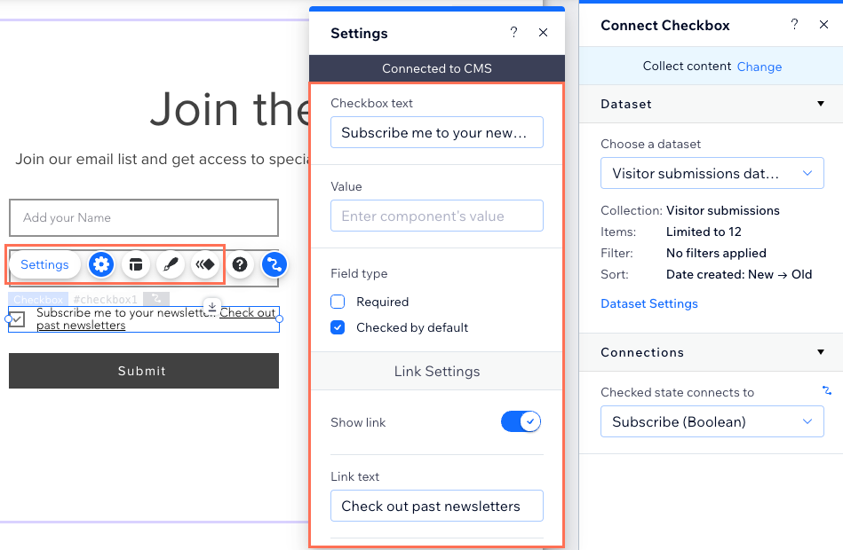 Screenshot of the settings used for a Checkbox input element.