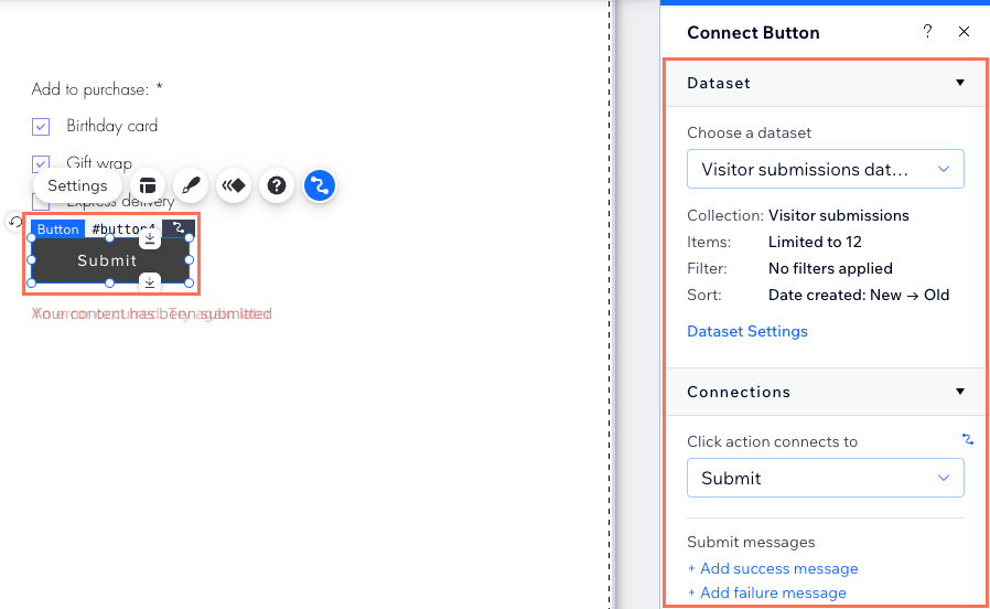 Capture d'écran d'un bouton Envoyer et de ses connexions au dataset.