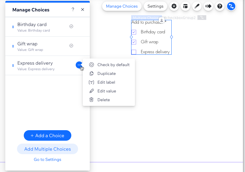 Screenshot of managing the choices that appear next to the checkboxes.