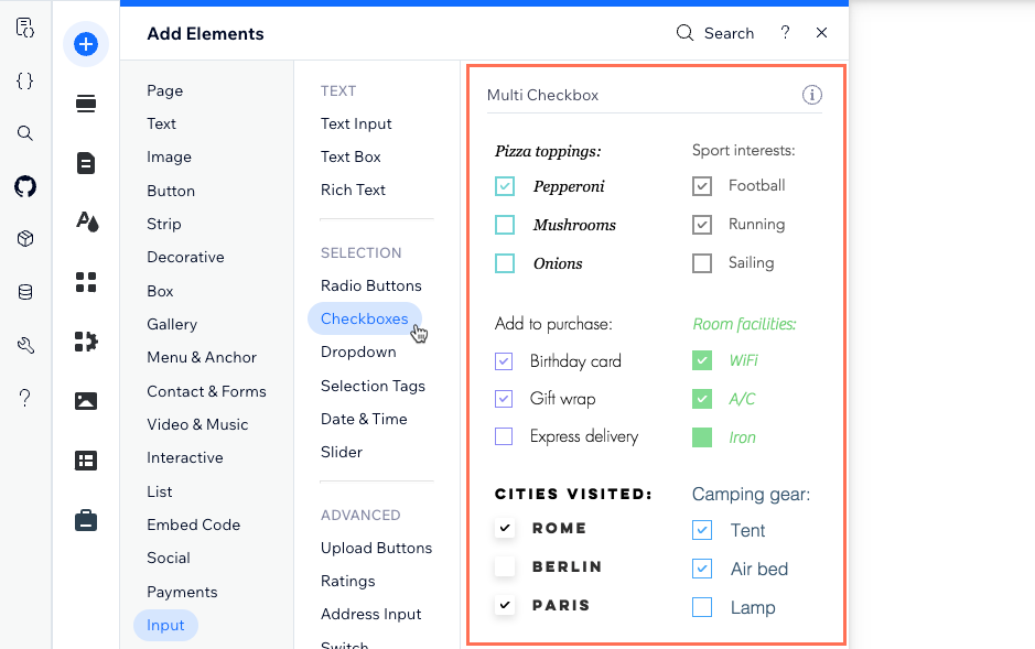 Screenshot of adding a Multi-Checkbox input element in the Wix Editor.