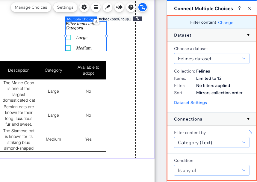 Screenshot of the dataset connection settings for the Multi-Checkbox element.