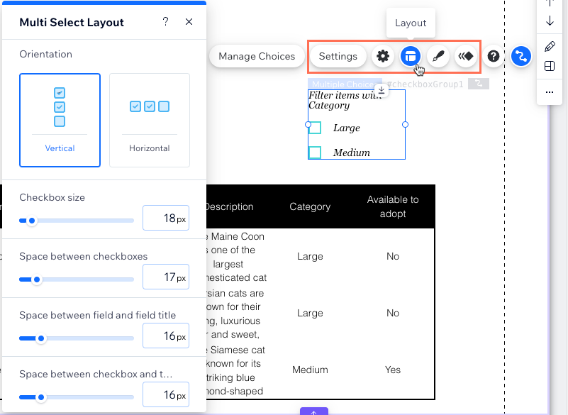 Captura de tela das configurações de layout para o elemento de entrada Caixa de seleção múltipla.