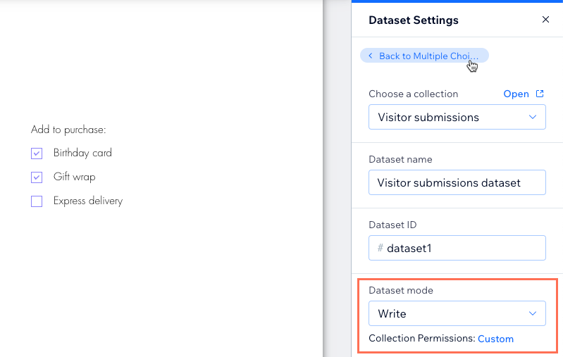 Screenshot van de dataset-instellingen voor een gekoppeld Multi-selectievakje-element dat is ingesteld om inhoud te verzamelen.