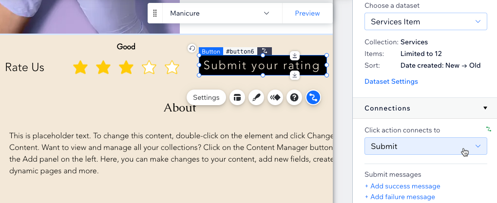 Screenshot of adding and connecting a Submit button.