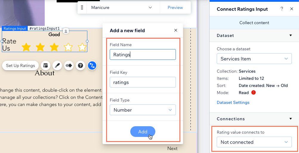 Screenshot of adding a new field for the ratings input element to submit to.