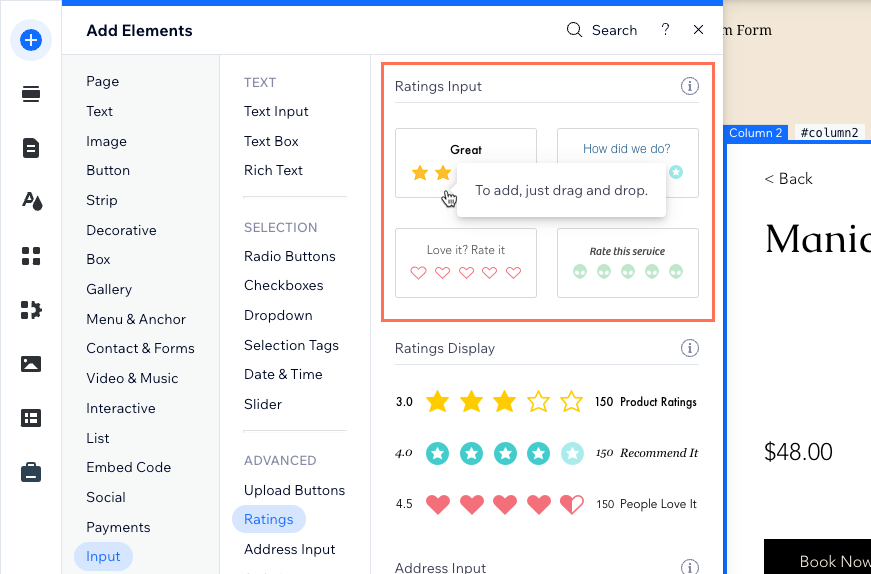 Screenshot of adding the Ratings input element in the Wix Editor.