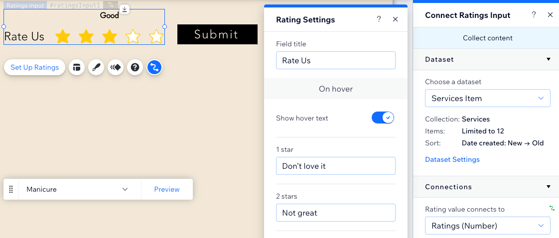 Screenshot of the ratings input element in the Wix Editor.