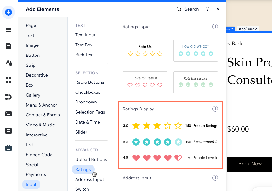 Screenshot, wie du das Anzeigeelement für Ratings im Wix Editor hinzufügst