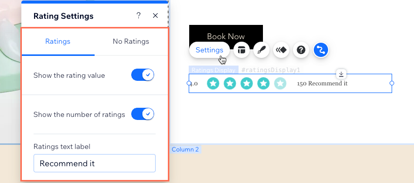 Screenshot of the Ratings display element's settings.