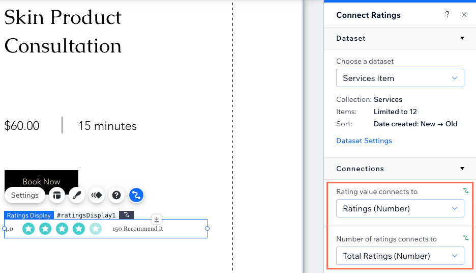 Screenshot of the Ratings display element's CMS connection options.