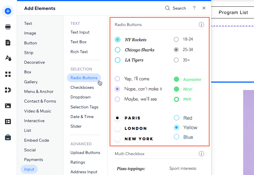 Wix 에디터에서 라디오 버튼 입력 요소를 추가하는 스크린샷
