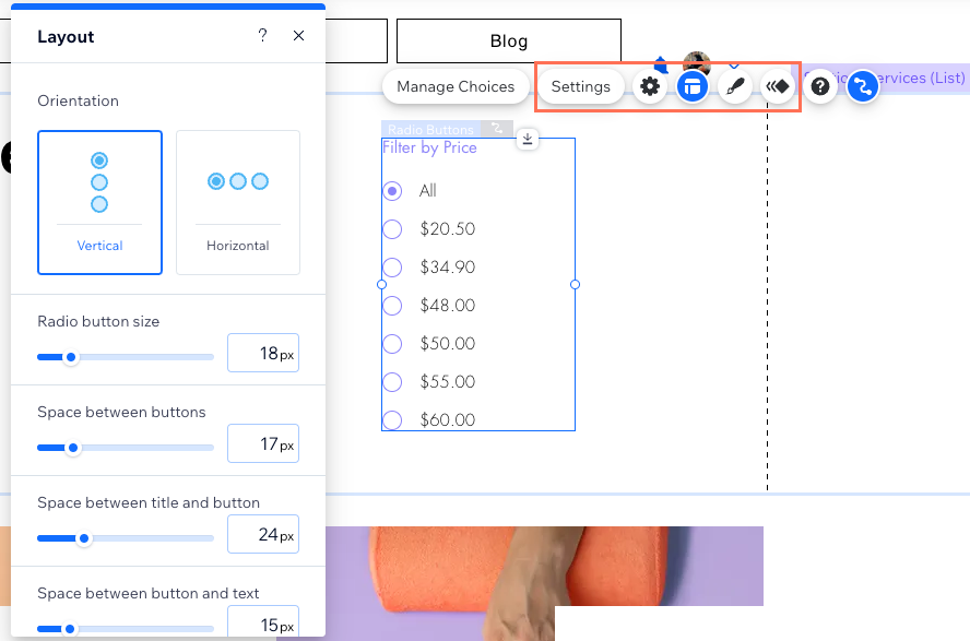 Screenshot of adjusting the Radio Buttons layout settings.