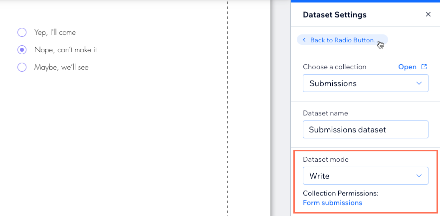 Screenshot of the dataset settings for a connected Radio Buttons element set to collect content.