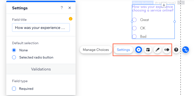 Screenshot of the Radio Buttons element's settings.