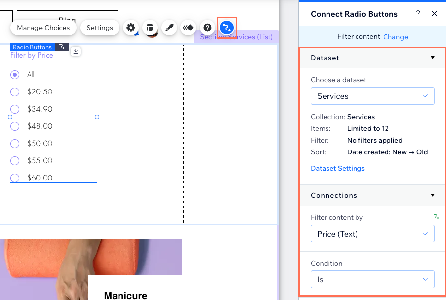 Screenshot of the connecting a Radio Buttons element to a dataset to filter content.