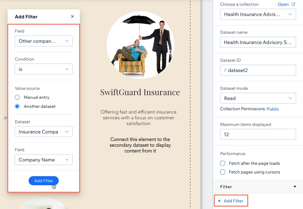 Screenshot van het toevoegen van een datasetfilter in de Wix Editor.