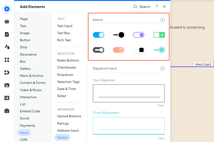 Screenshot of adding the Switch input element in the Wix Editor.