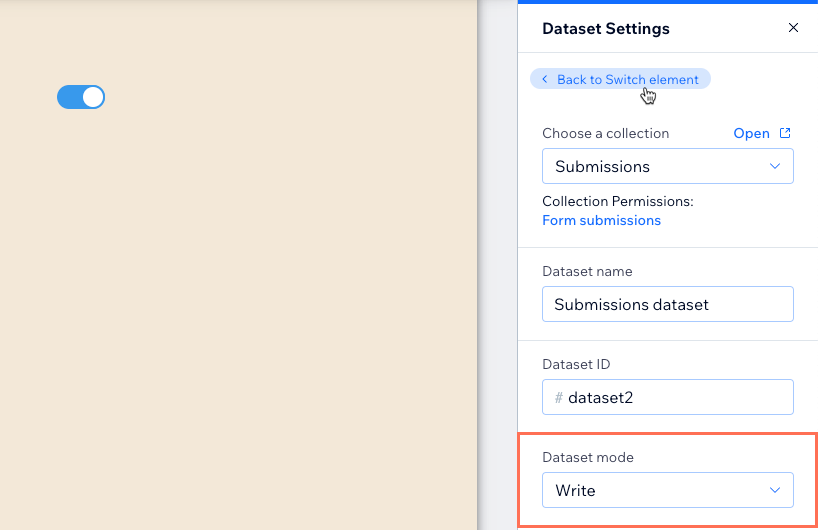 Capture d'écran de la configuration des autorisations de collection et du mode Ensemble de données dans l'Éditeur Wix.