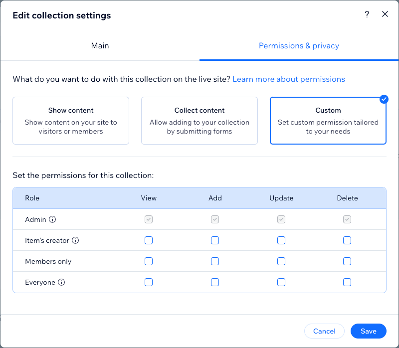 Screenshot of the Permissions and Privacy settings in a CMS collection.