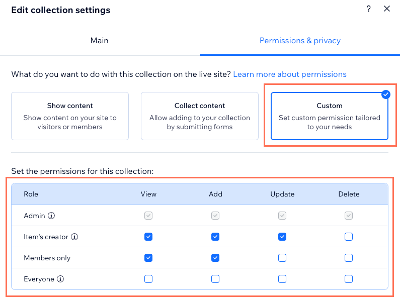 Capture d'écran de la configuration des autorisations de collection personnalisées.