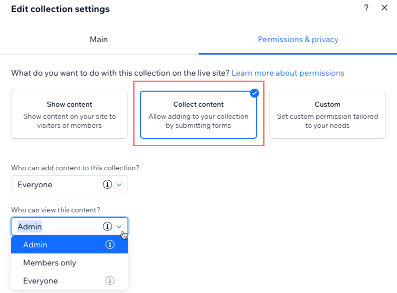 Captura de tela das permissões da coleção sendo configuradas para coletar conteúdo.