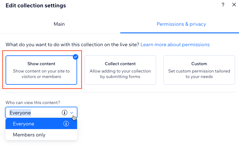 Screenshot of setting the collection permissions to show content.