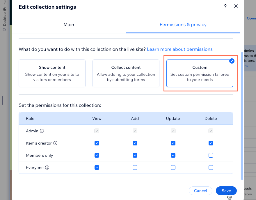 Screenshot of setting custom collection permissions.