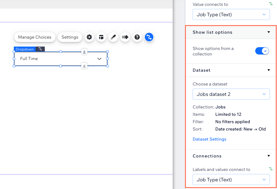 Captura de tela da conexão das opções de entrada de dropdown de uma coleção