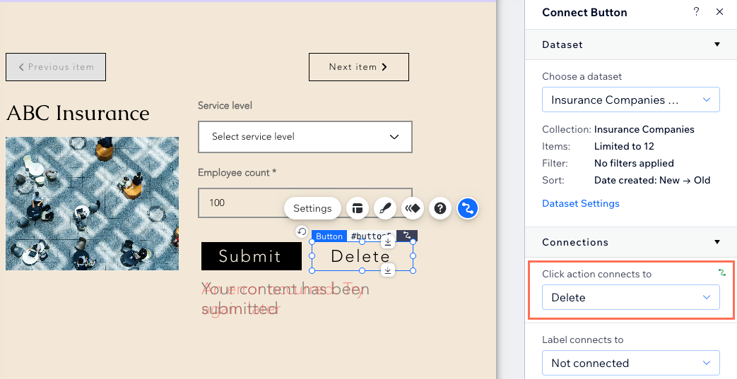 Screenshot of setting a button's click action to Delete.