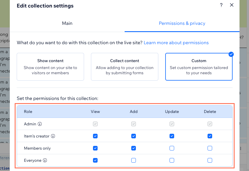 A screenshot of custom collection permissions.