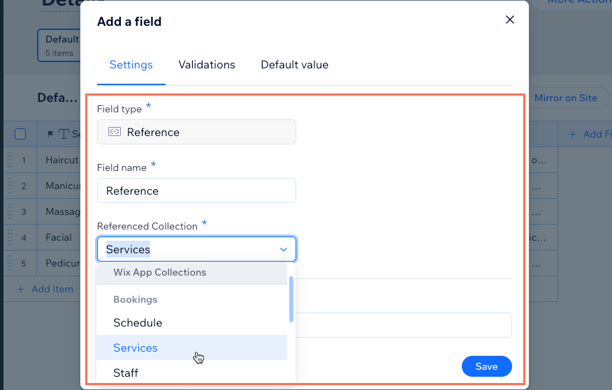 예약 서비스 Wix 앱 컬렉션을 참조하는 참조 입력란을 추가하는 스크린샷
