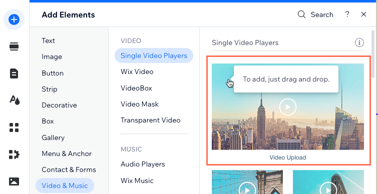 Wix Editor'da Tekil Video Oynatıcı eklemeye ilişkin ekran görüntüsü.