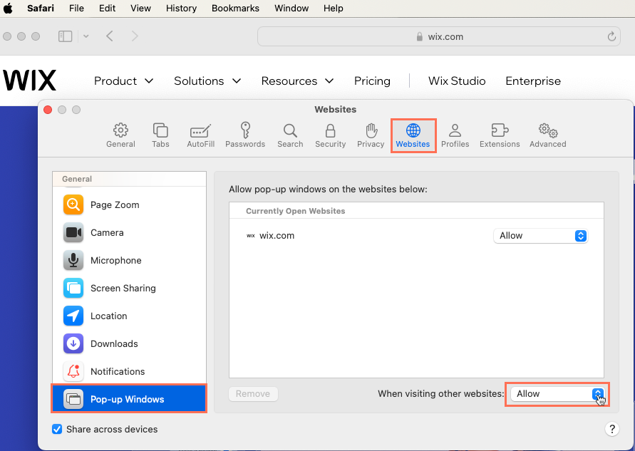 Captura de pantalla que muestra cómo configurar Safari para permitir ventanas emergentes de wix.com.