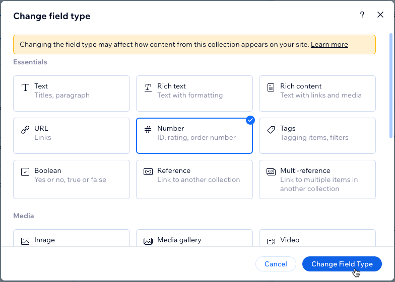 Screenshot of setting the field type.