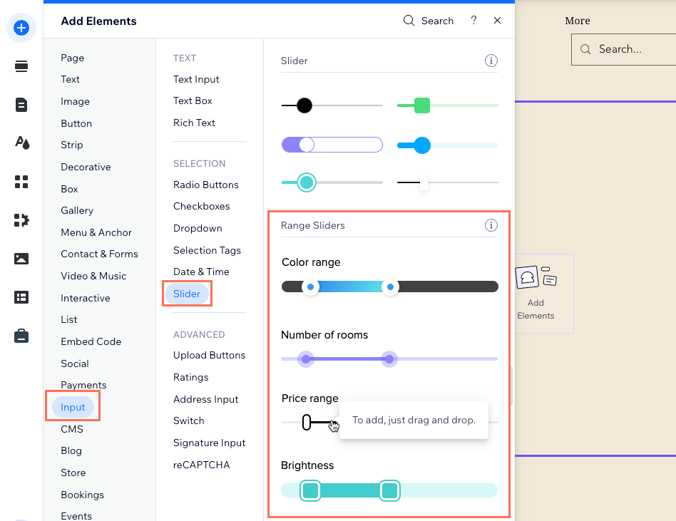 Screenshot van het toevoegen van een bereik-schuifregelaar in de Wix Editor.
