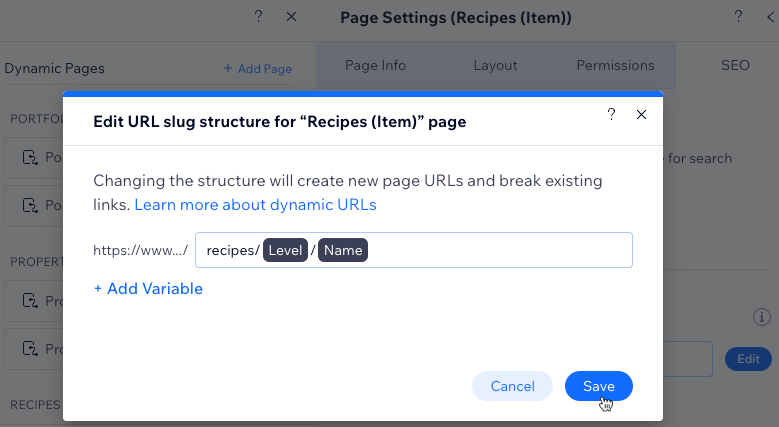 Screenshot of saving changes to the URL slug structure of a dynamic item page.