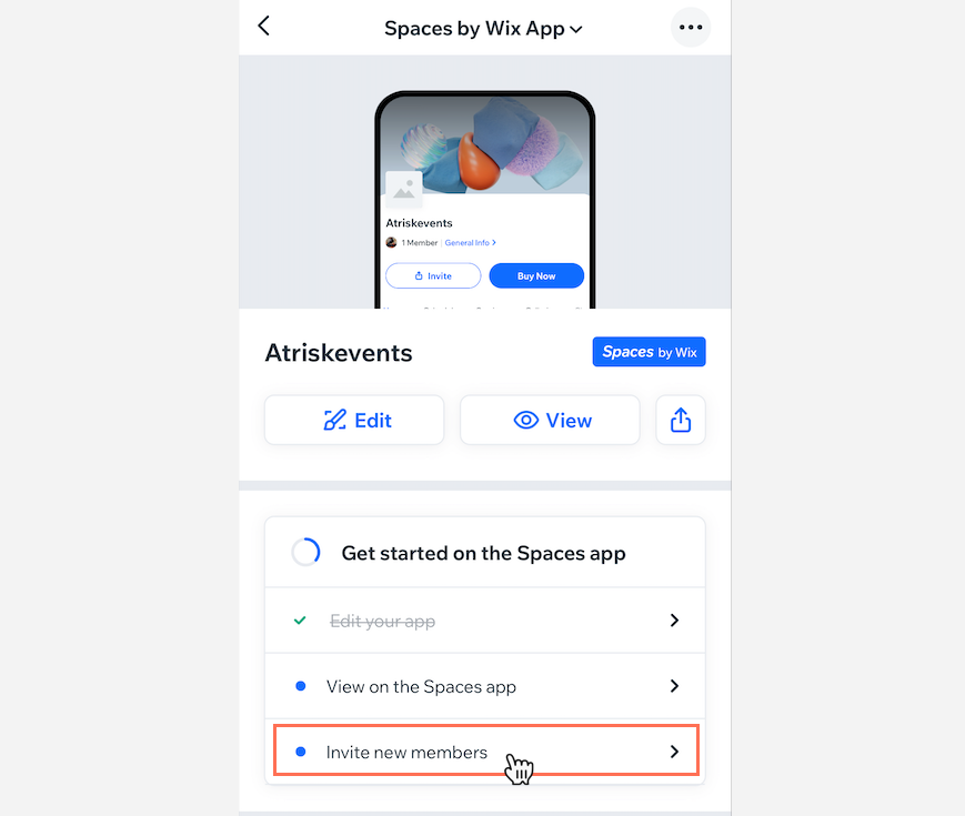 Capture d'écran de l'invitation de nouveaux membres sur l'appli Spaces.