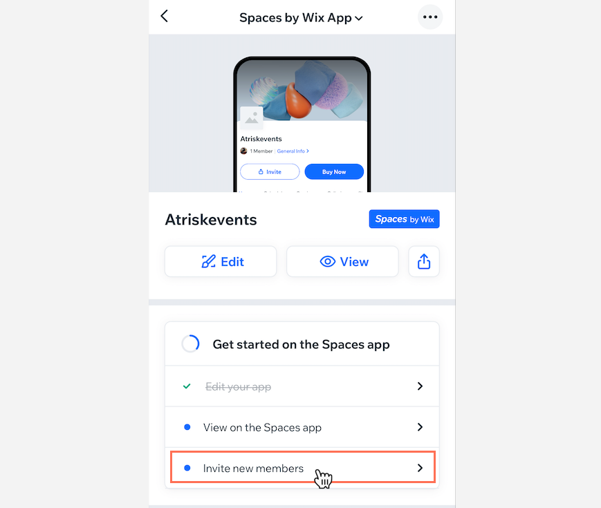 Captura de pantalla de invitar a nuevos miembros en la app Spaces by Wix.