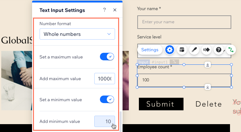 Screenshot of setting maximum and minimum values accepted by a text input that collects numbers.