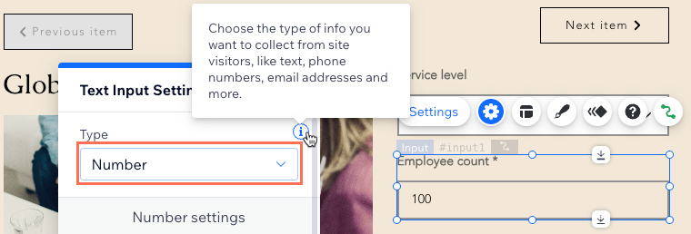 Screenshot of setting a text input element to accept numbers.