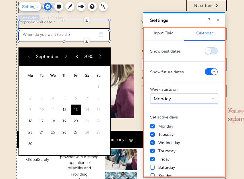 Screenshot of setting the dates visitors can select in a date picker.