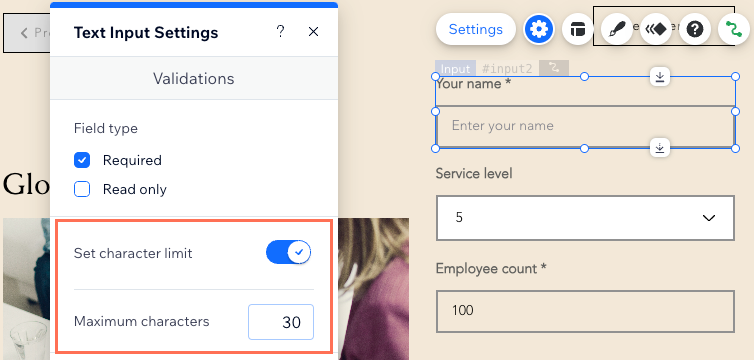 Screenshot of setting a character limit for a text input element.
