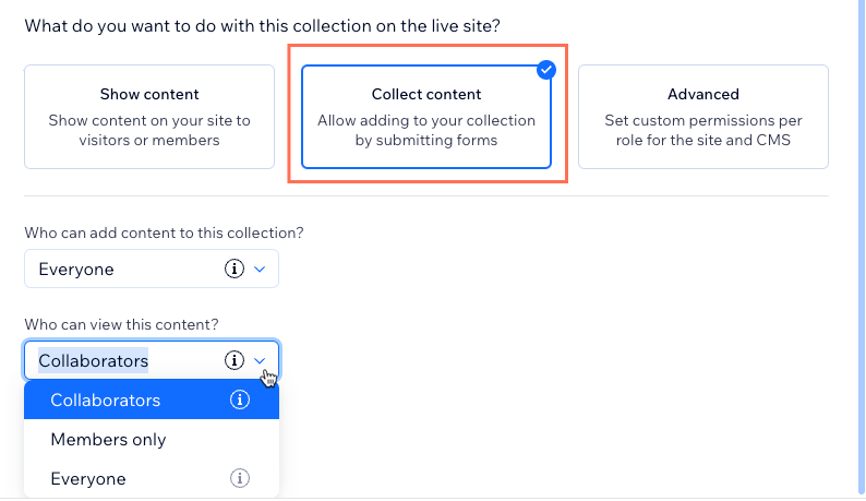 Screenshot of setting collection permissions to collect content.