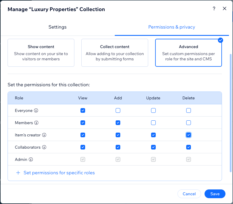 Screenshot of the Permissions and Privacy settings in a CMS collection.