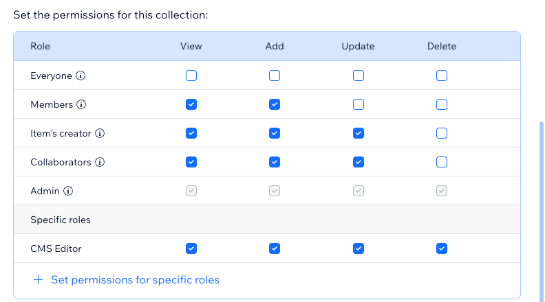 Screenshot of setting advanced collection permissions.