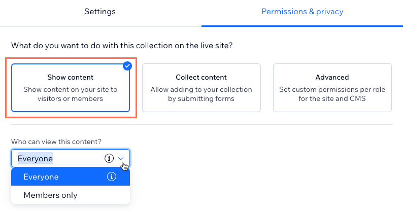 Screenshot of setting the collection permissions to show content.