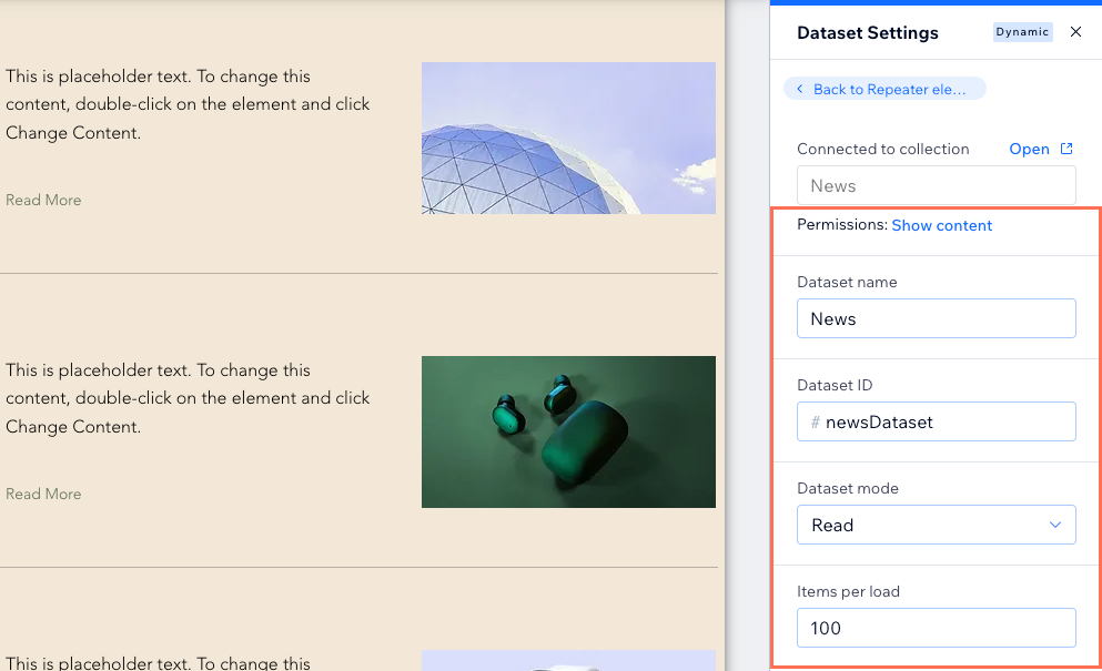 Screenshot of the dataset settings.