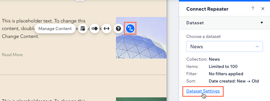 Captura de tela das configurações do conjunto de dados sendo clicadas.