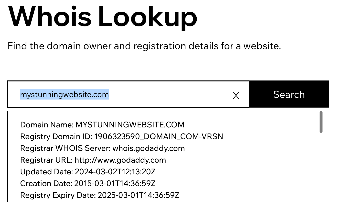 Captura de tela da ferramenta Whois Lookup do Wix.