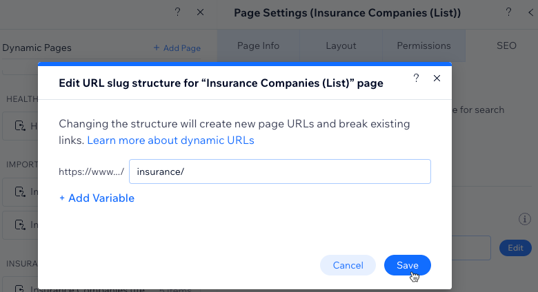 Capture d'écran de la modification de la structure du slug d'URL pour une page de liste dynamique.